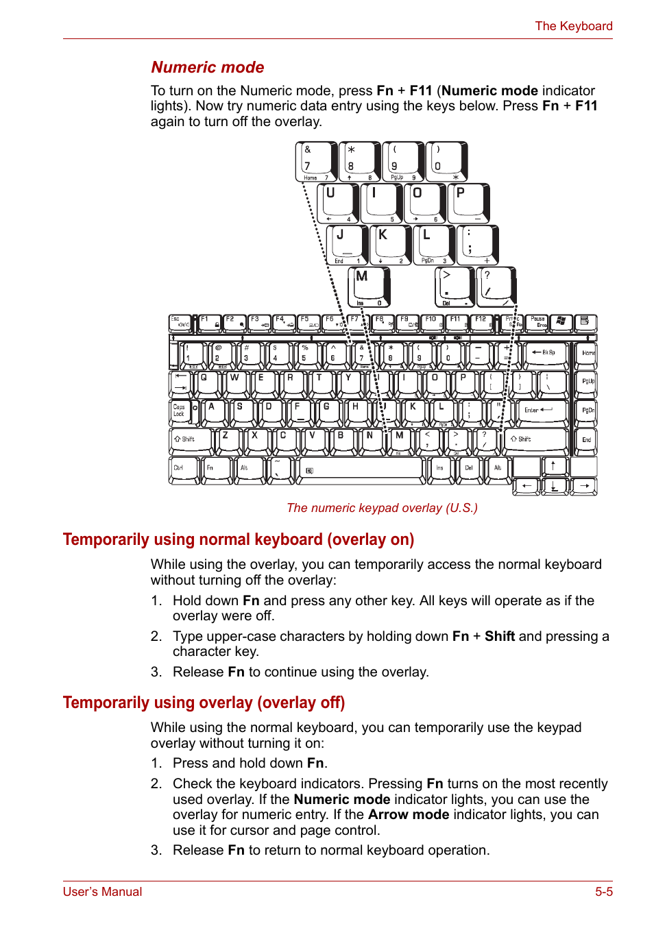 Temporarily using normal keyboard (overlay on), Temporarily using overlay (overlay off) | Toshiba Satellite A110 (PSAB0) User Manual | Page 86 / 158