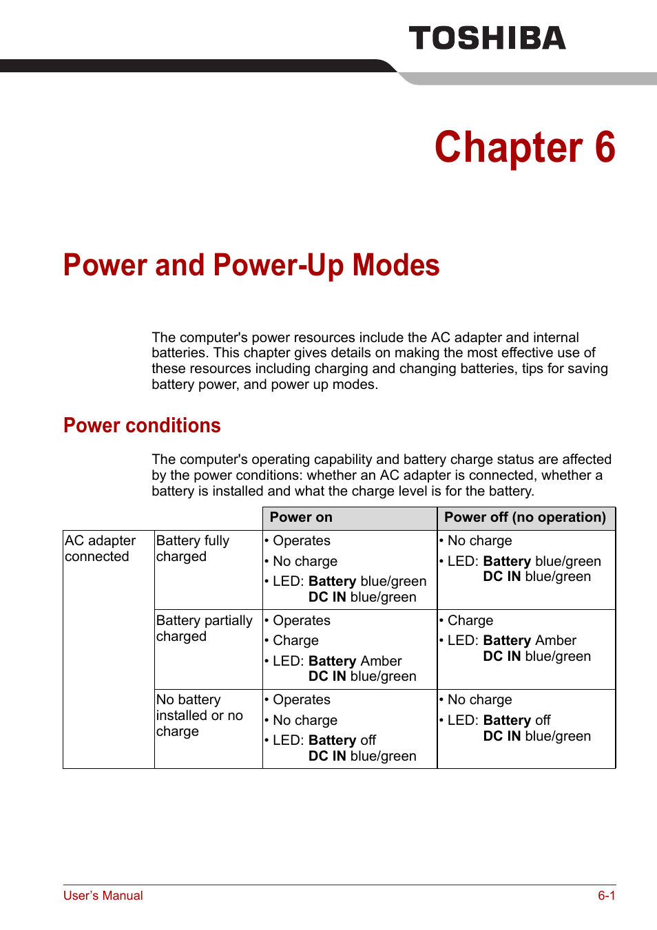 Chapter 6: power and power-up modes, Power conditions, Chapter 6 | Power and power-up modes, Power conditions -1, Power and, Power-up modes | Toshiba Satellite A110 (PSAB0) User Manual | Page 88 / 158