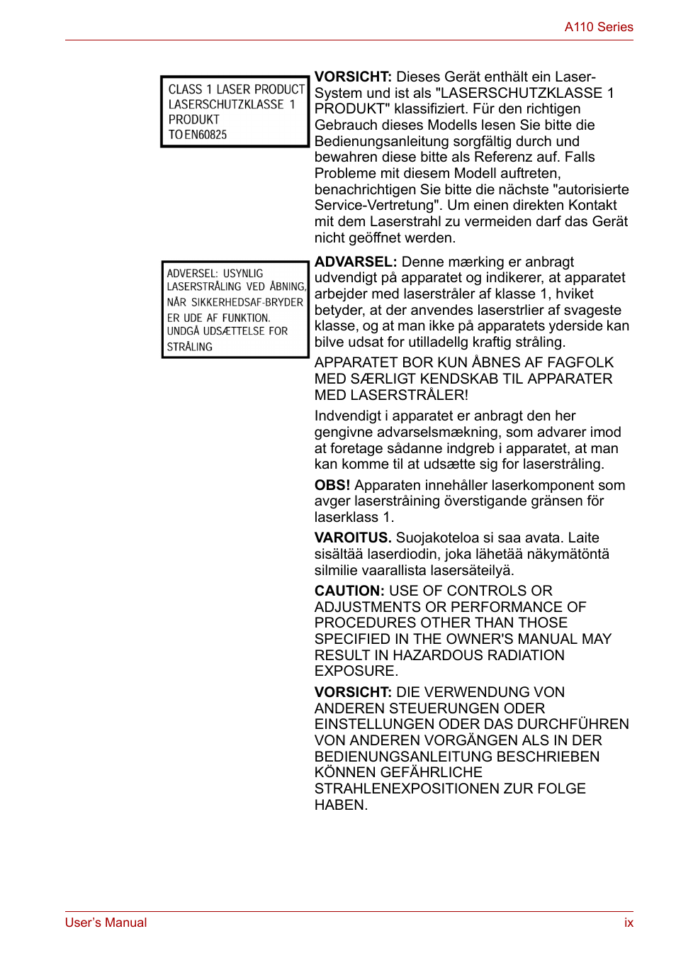 Toshiba Satellite A110 (PSAB0) User Manual | Page 9 / 158