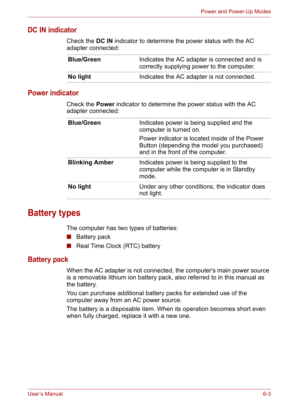 Battery types, Battery types -3, Dc in indicator | Power indicator, Battery pack | Toshiba Satellite A110 (PSAB0) User Manual | Page 90 / 158