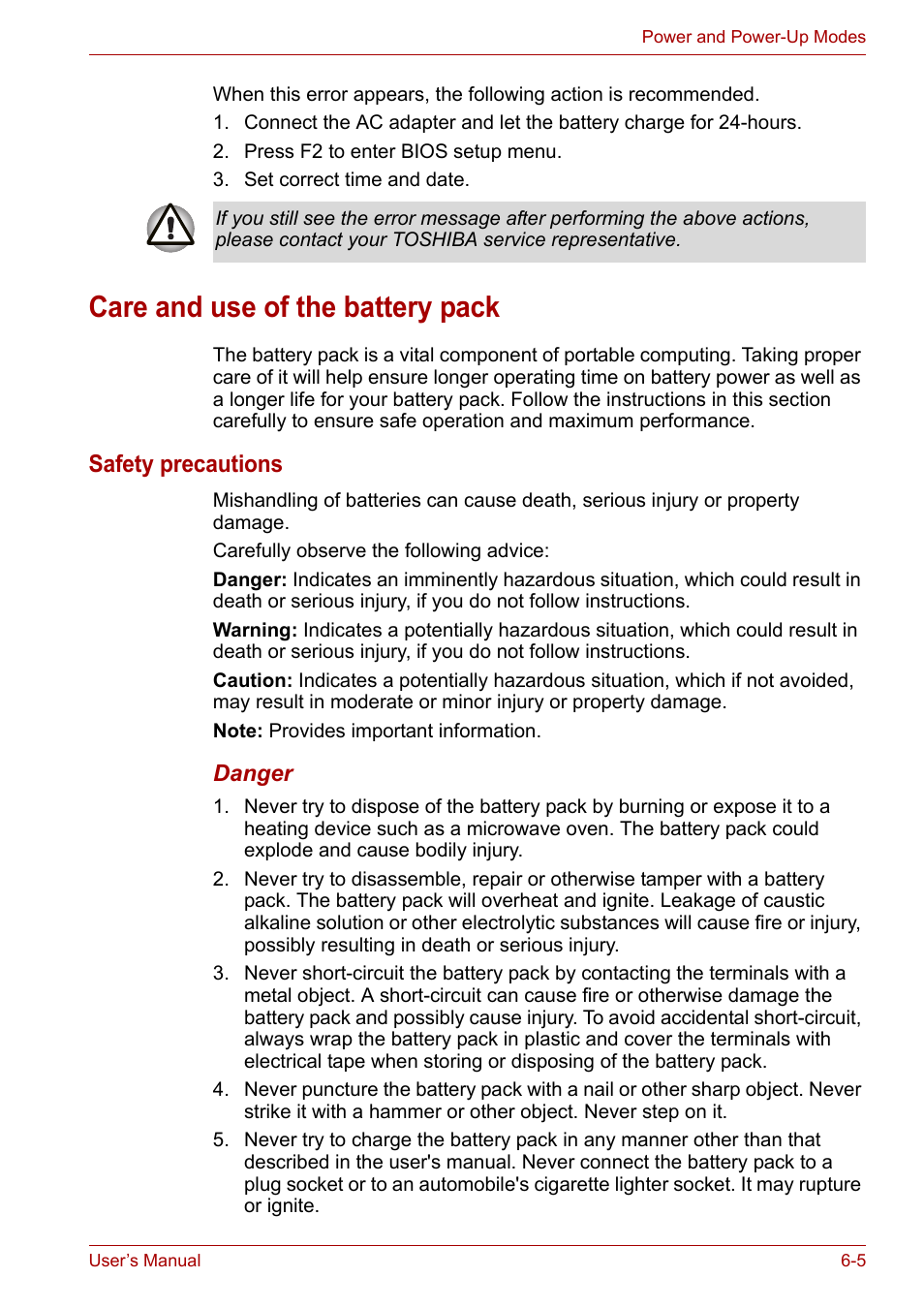 Care and use of the battery pack, Care and use of the battery pack -5, Safety precautions | Toshiba Satellite A110 (PSAB0) User Manual | Page 92 / 158