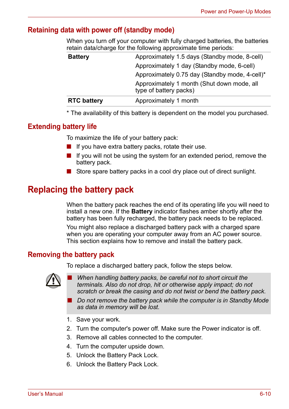 Replacing the battery pack, Replacing the battery pack -10, Retaining data with power off (standby mode) | Extending battery life, Removing the battery pack | Toshiba Satellite A110 (PSAB0) User Manual | Page 97 / 158