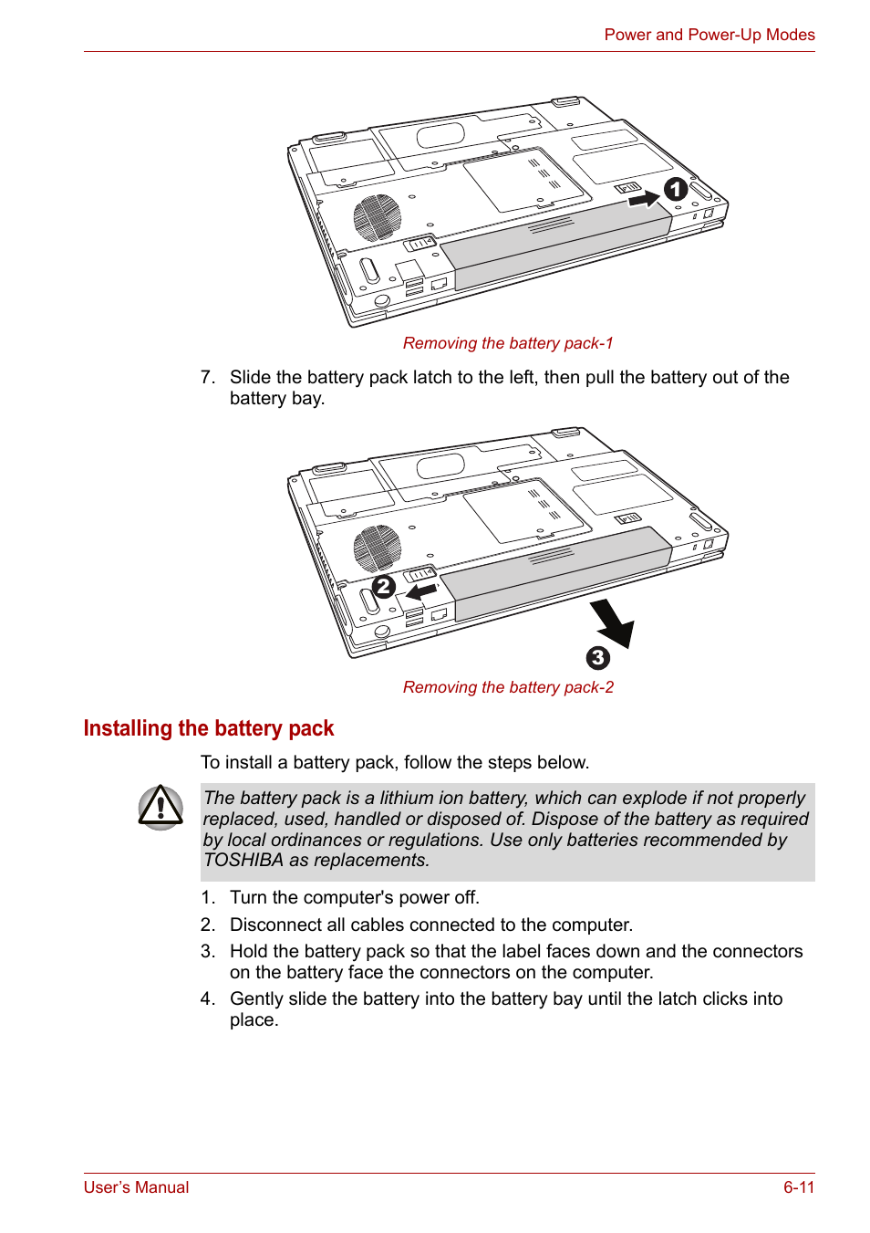 Installing the battery pack | Toshiba Satellite A110 (PSAB0) User Manual | Page 98 / 158