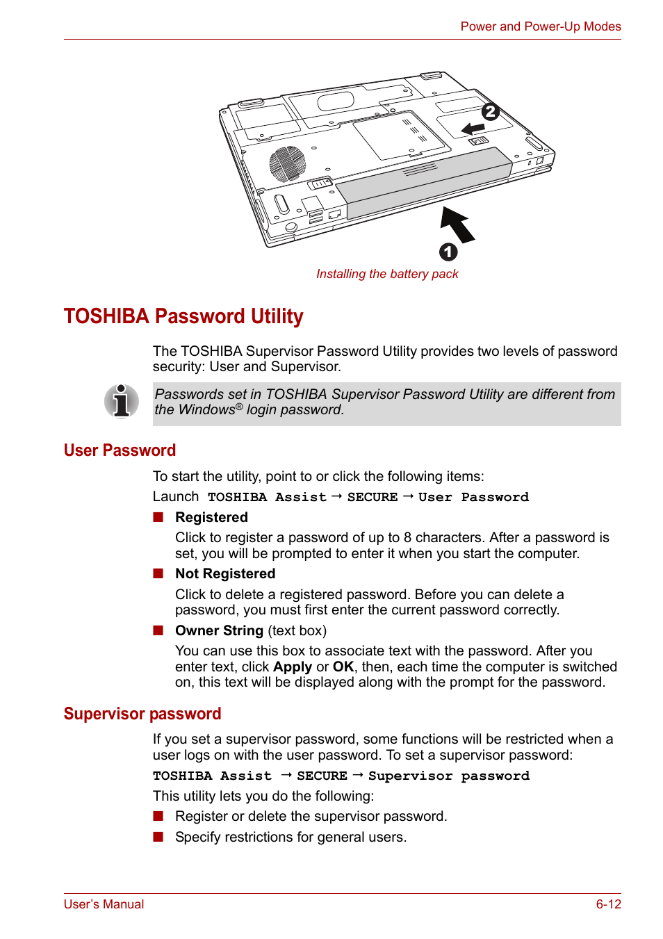 Toshiba password utility, Toshiba password utility -12, User password | Supervisor password | Toshiba Satellite A110 (PSAB0) User Manual | Page 99 / 158