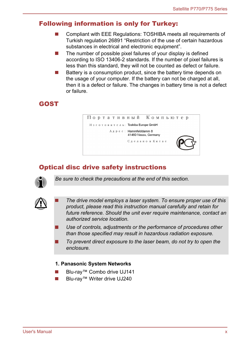 Following information is only for turkey, Gost optical disc drive safety instructions | Toshiba Satellite P775 User Manual | Page 10 / 179