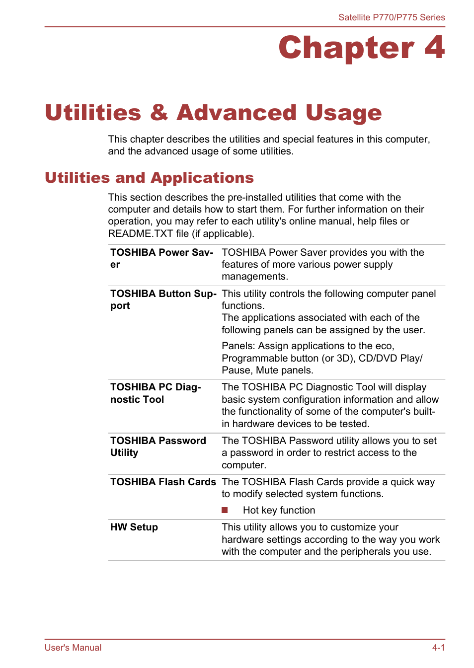 Chapter 4 utilities & advanced usage, Utilities and applications, Chapter 4 | Utilities & advanced usage, Utilities and applications -1 | Toshiba Satellite P775 User Manual | Page 101 / 179