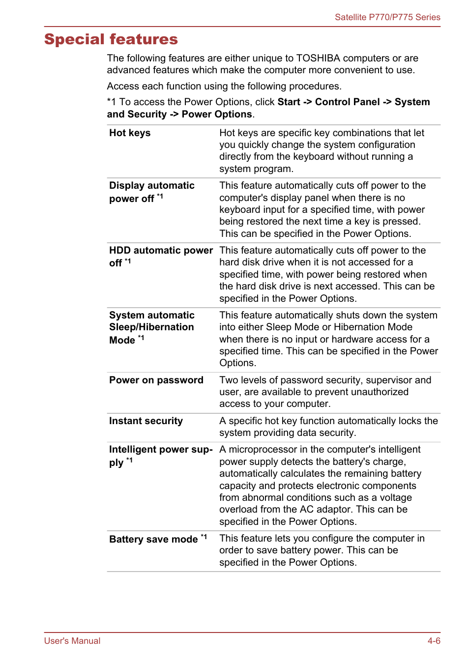 Special features, Special features -6 | Toshiba Satellite P775 User Manual | Page 106 / 179