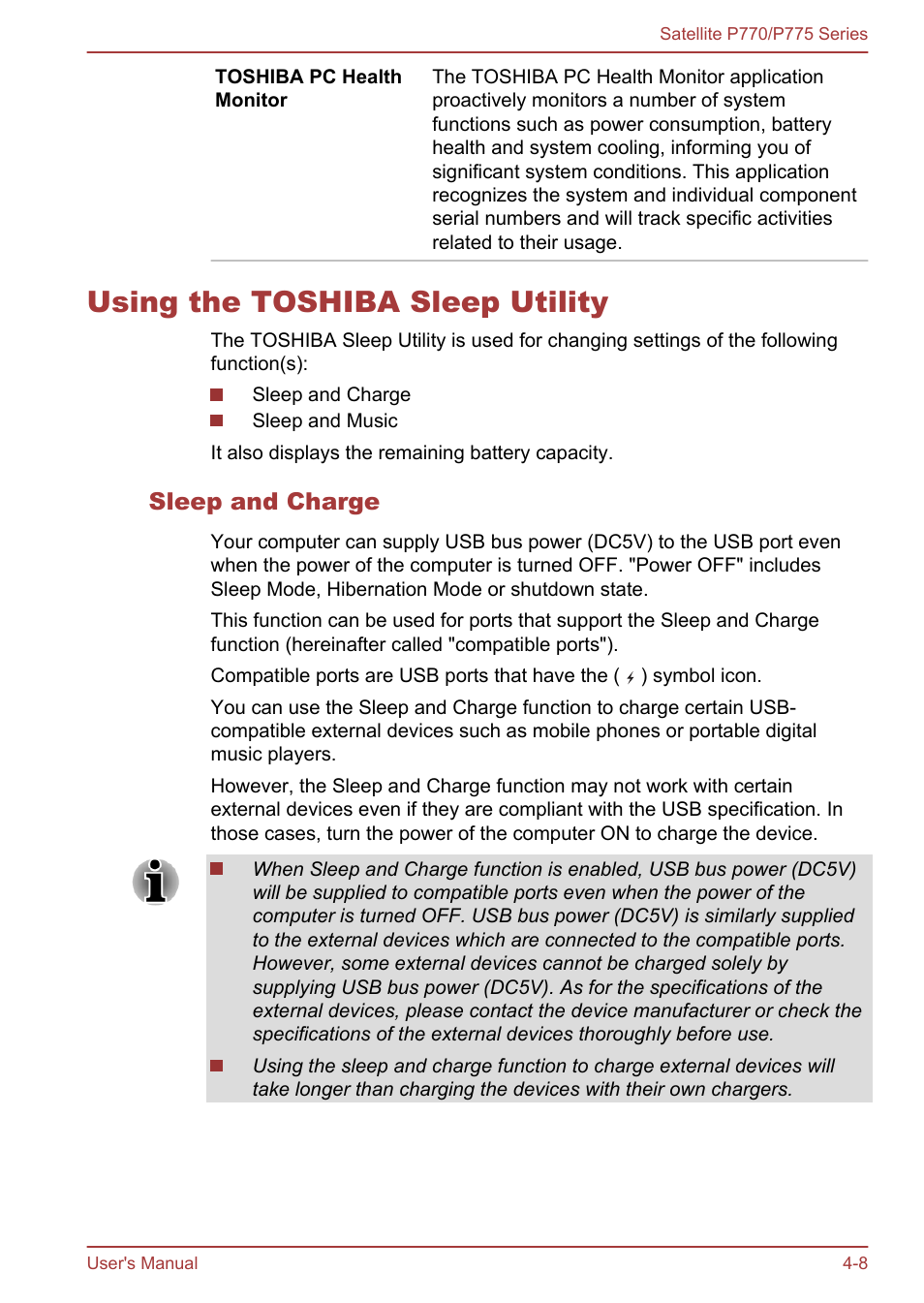 Using the toshiba sleep utility, Sleep and charge, Using the toshiba sleep utility -8 | Toshiba Satellite P775 User Manual | Page 108 / 179