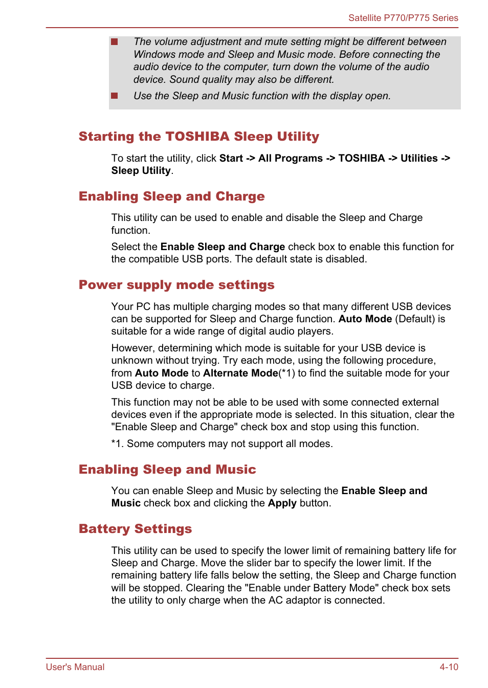 Starting the toshiba sleep utility, Enabling sleep and charge, Power supply mode settings | Enabling sleep and music, Battery settings | Toshiba Satellite P775 User Manual | Page 110 / 179