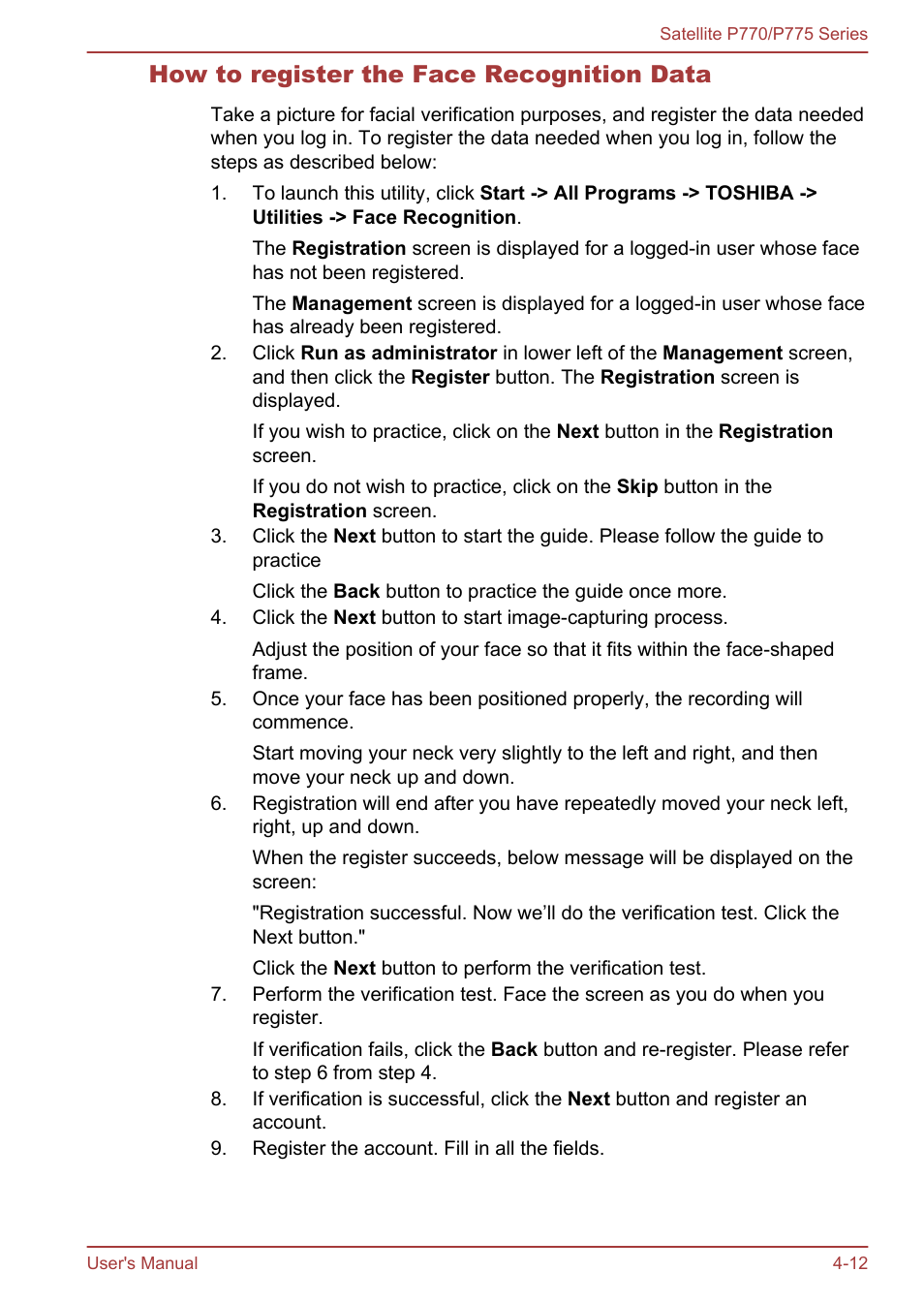 How to register the face recognition data | Toshiba Satellite P775 User Manual | Page 112 / 179