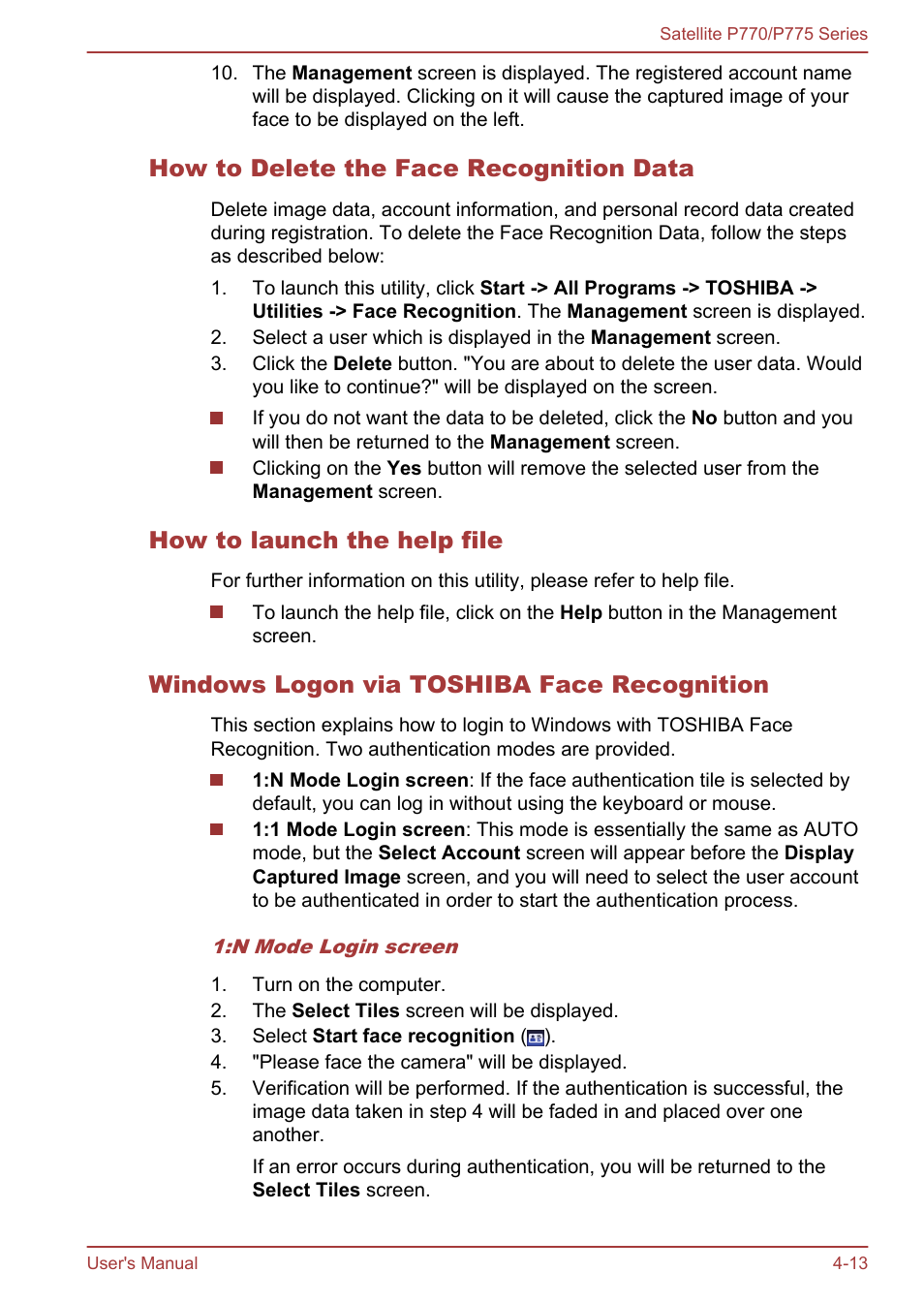 How to delete the face recognition data, How to launch the help file, Windows logon via toshiba face recognition | Toshiba Satellite P775 User Manual | Page 113 / 179