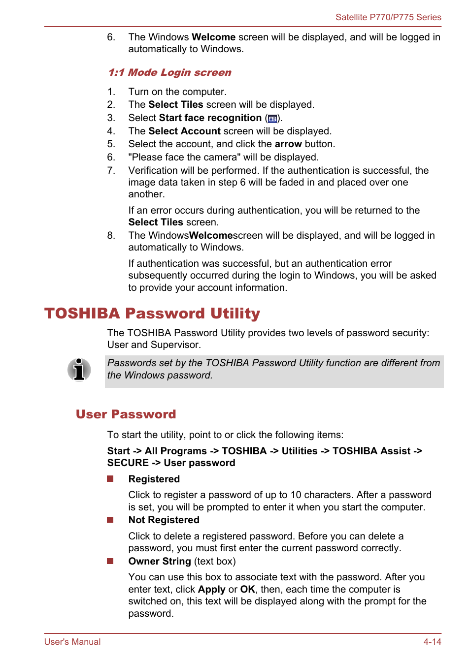 Toshiba password utility, User password, Toshiba password utility -14 | Toshiba Satellite P775 User Manual | Page 114 / 179