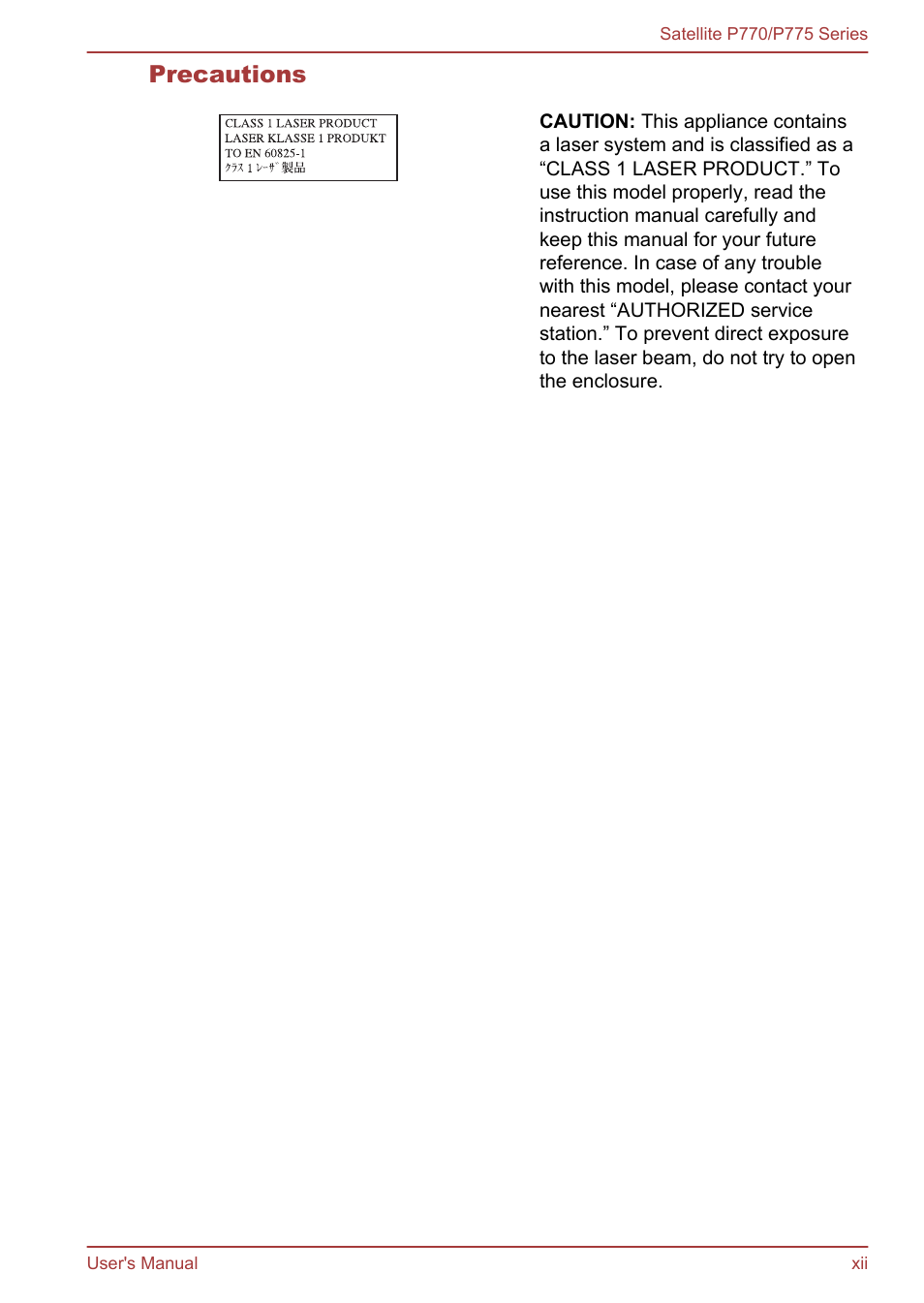 Precautions | Toshiba Satellite P775 User Manual | Page 12 / 179