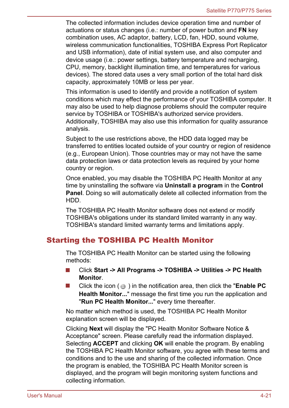 Starting the toshiba pc health monitor | Toshiba Satellite P775 User Manual | Page 121 / 179