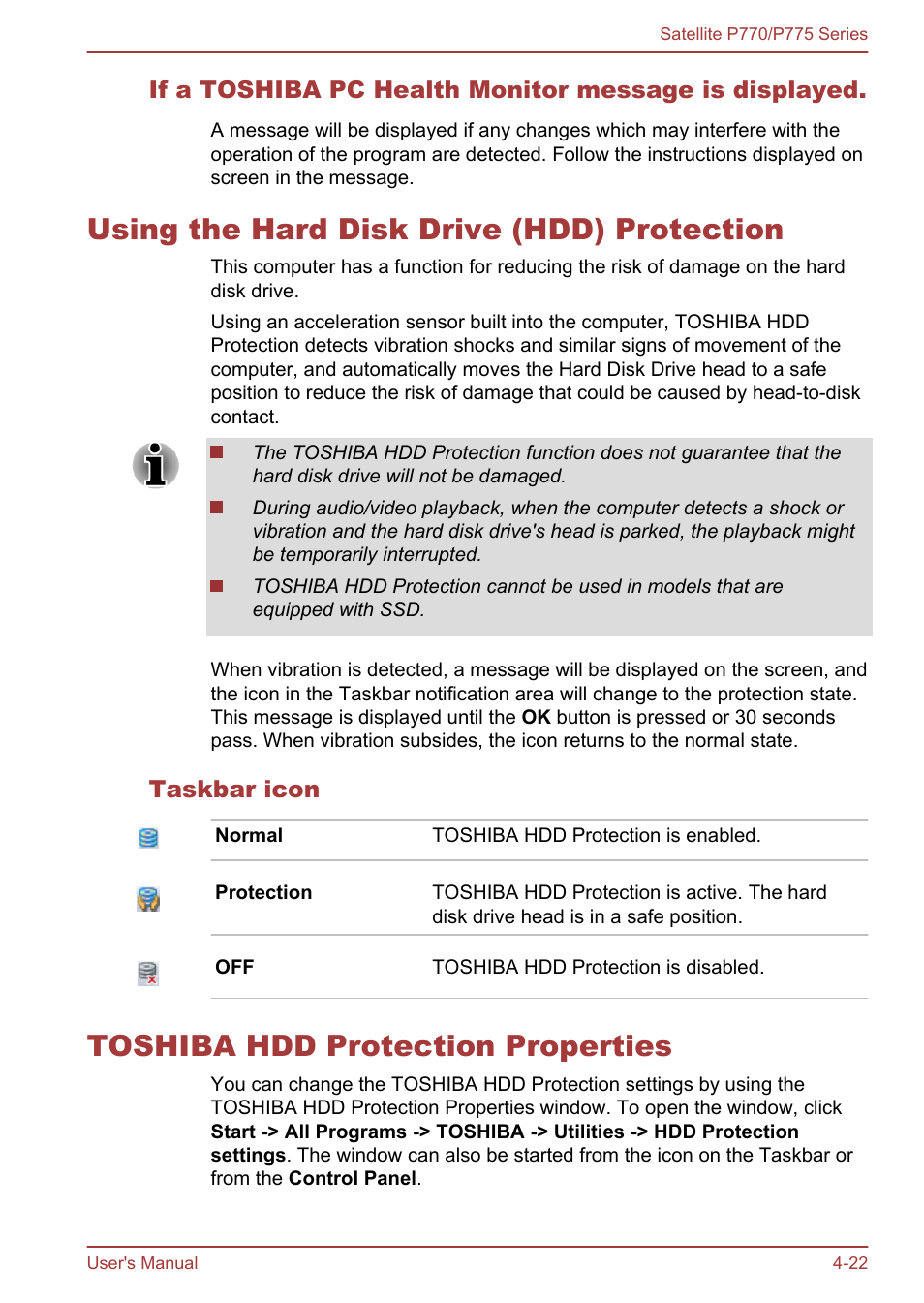 Using the hard disk drive (hdd) protection, Taskbar icon, Toshiba hdd protection properties | To-disk contact. refer to the, Using the hard disk, Drive (hdd) protection, Section for more details | Toshiba Satellite P775 User Manual | Page 122 / 179