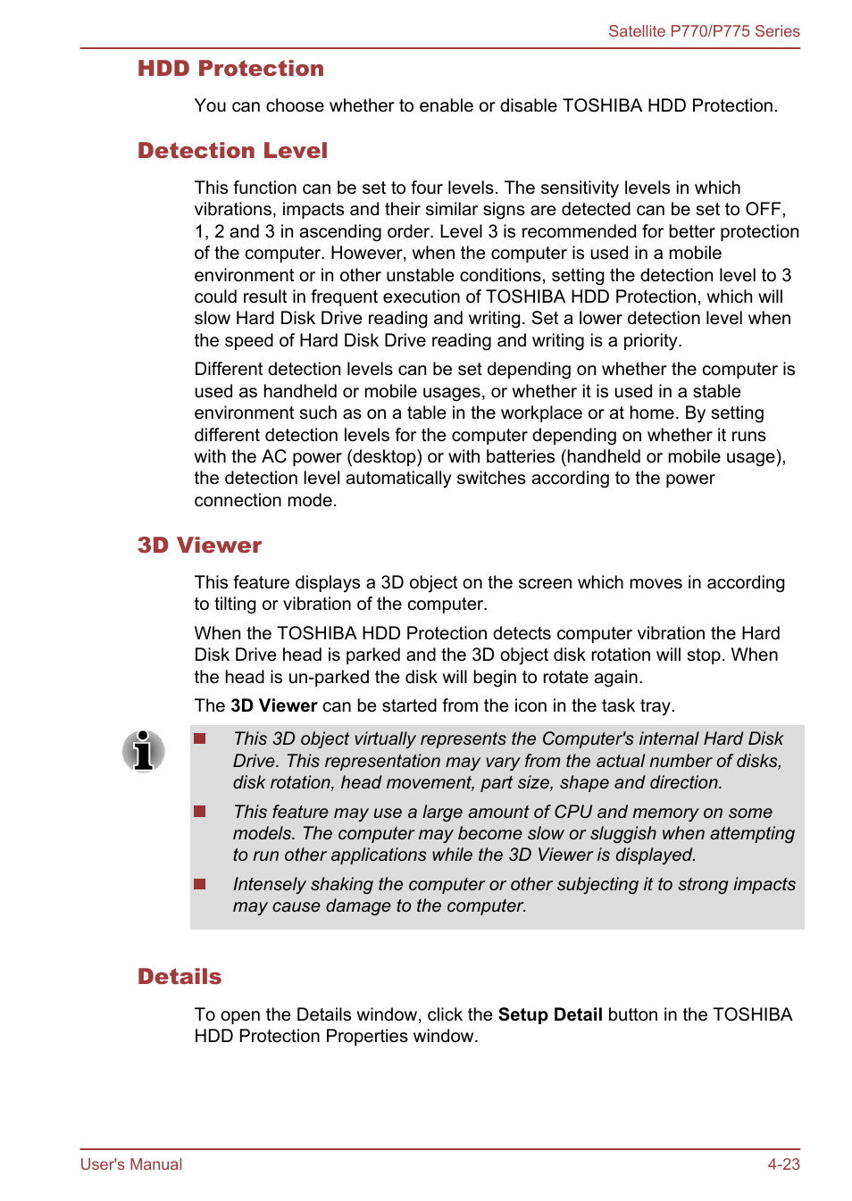 Hdd protection, Detection level, 3d viewer | Details | Toshiba Satellite P775 User Manual | Page 123 / 179