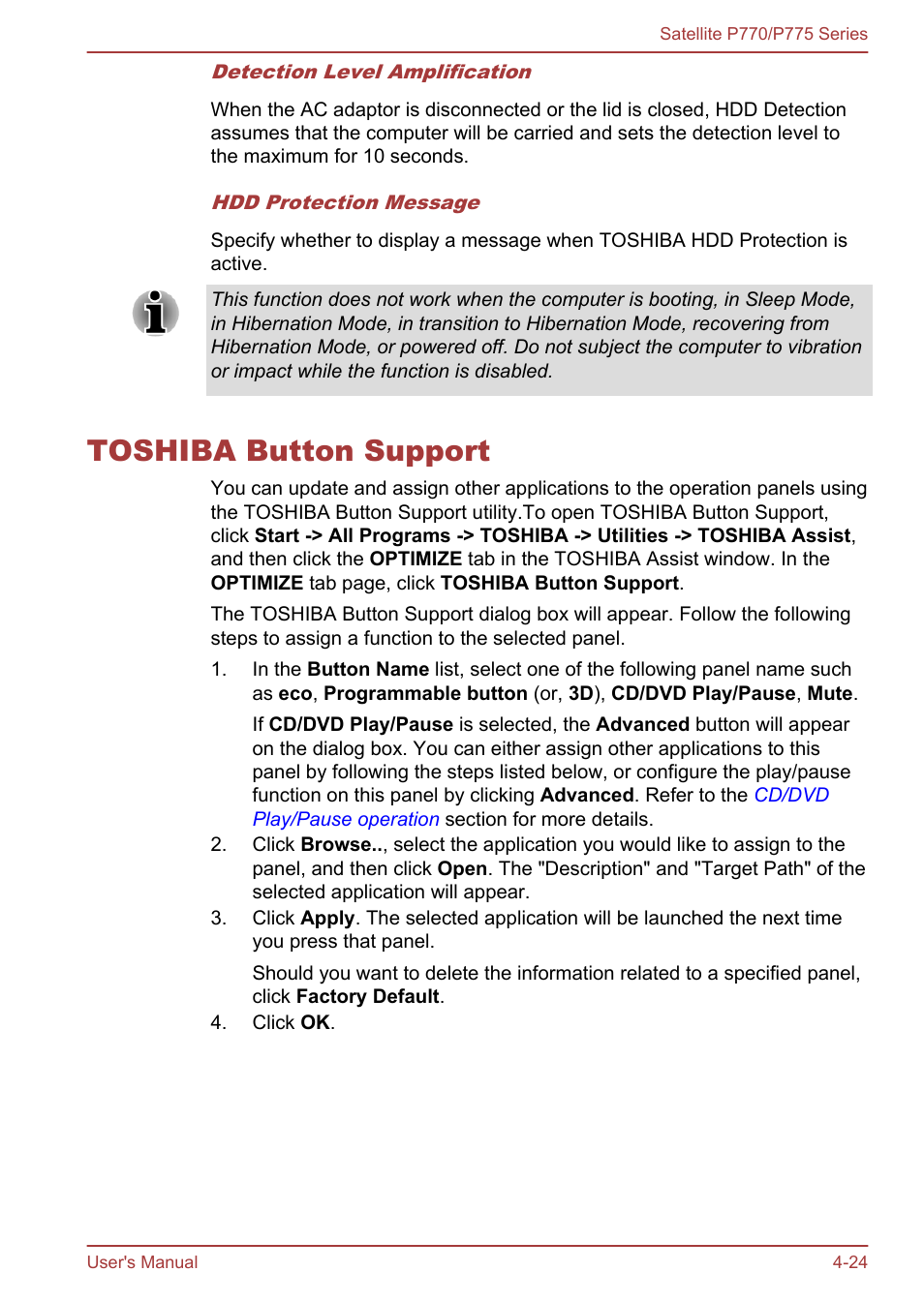 Toshiba button support, Toshiba button support -24 | Toshiba Satellite P775 User Manual | Page 124 / 179