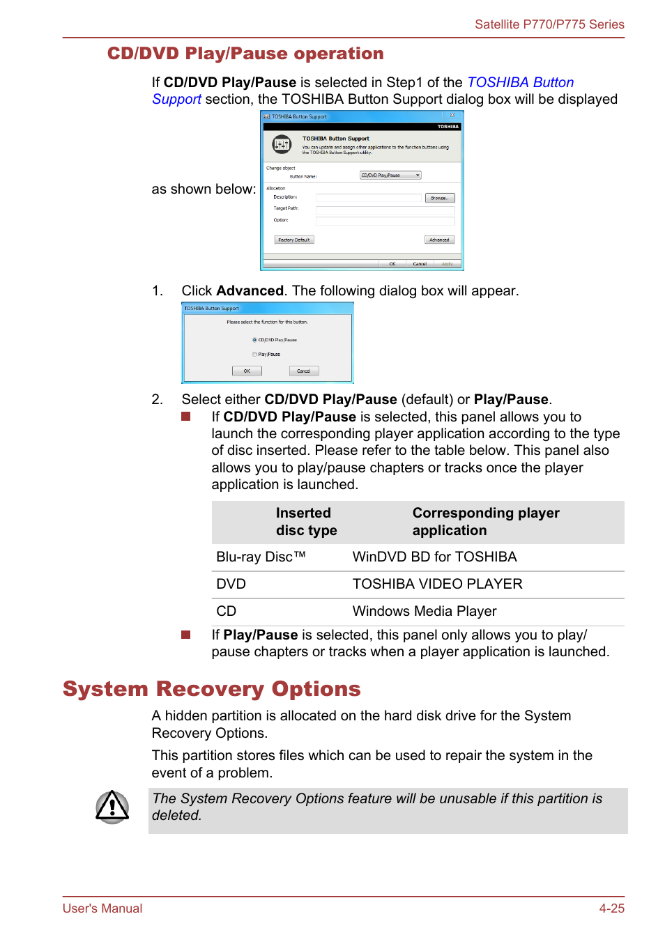 Cd/dvd play/pause operation, System recovery options, System recovery options -25 | Toshiba Satellite P775 User Manual | Page 125 / 179