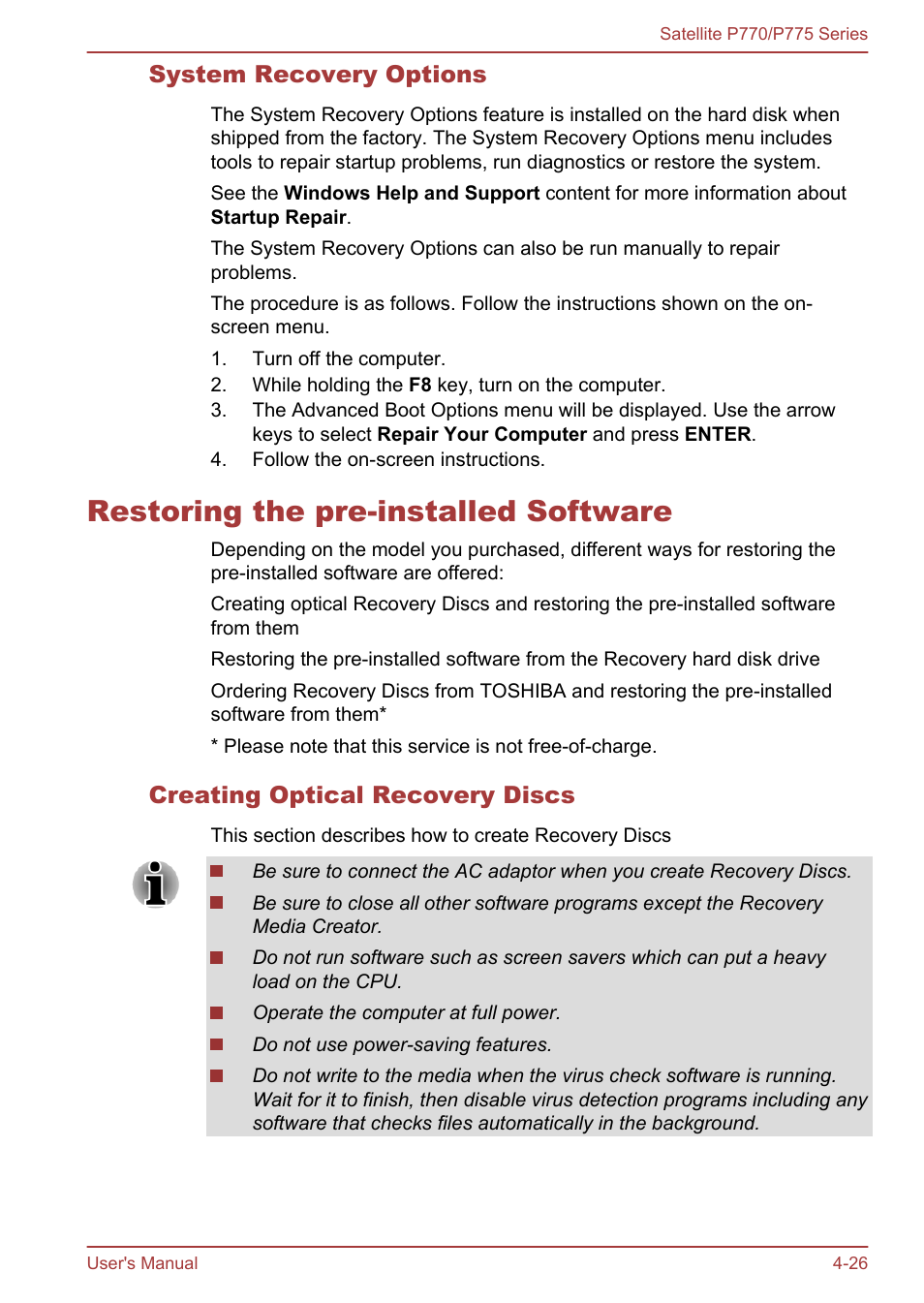 System recovery options, Restoring the pre-installed software, Creating optical recovery discs | Restoring the pre-installed software -26 | Toshiba Satellite P775 User Manual | Page 126 / 179