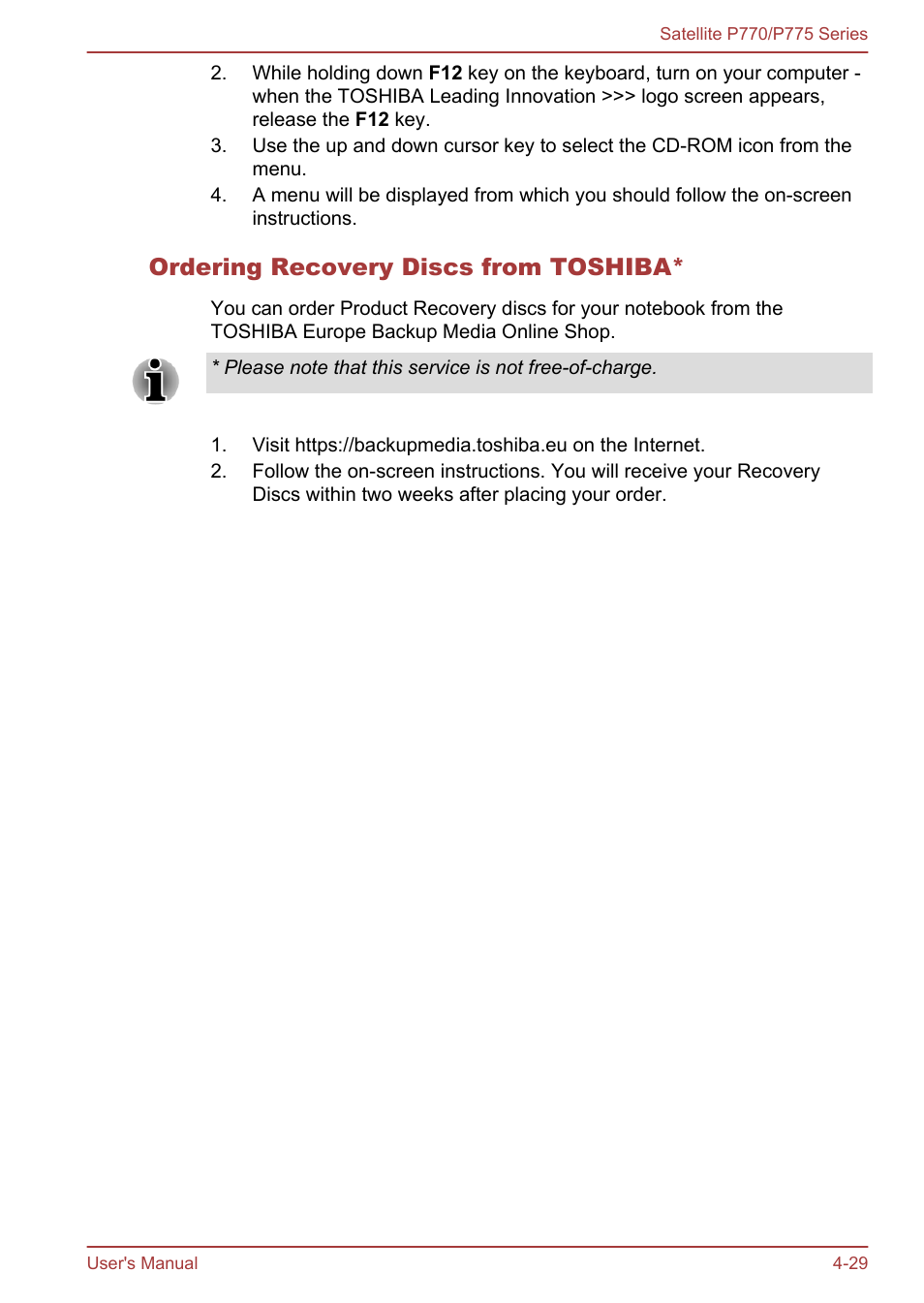 Ordering recovery discs from toshiba | Toshiba Satellite P775 User Manual | Page 129 / 179