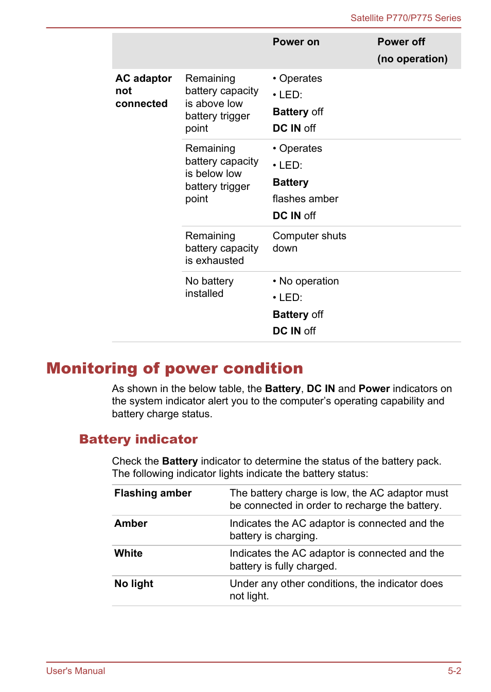 Monitoring of power condition, Battery indicator, Monitoring of power condition -2 | Toshiba Satellite P775 User Manual | Page 131 / 179