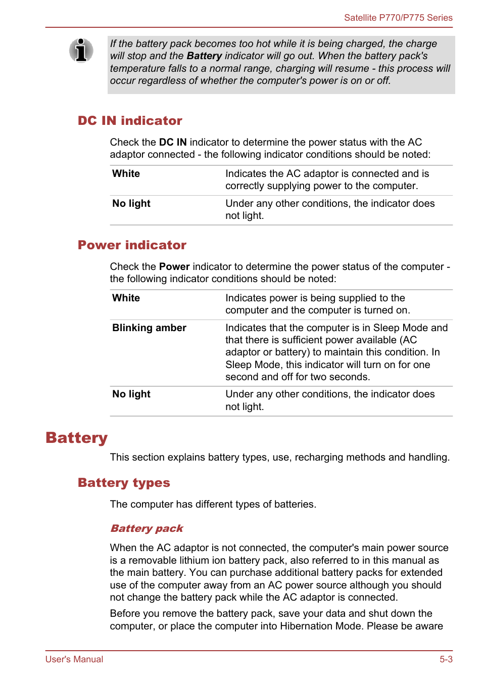 Dc in indicator, Power indicator, Battery | Battery types, Battery -3 | Toshiba Satellite P775 User Manual | Page 132 / 179