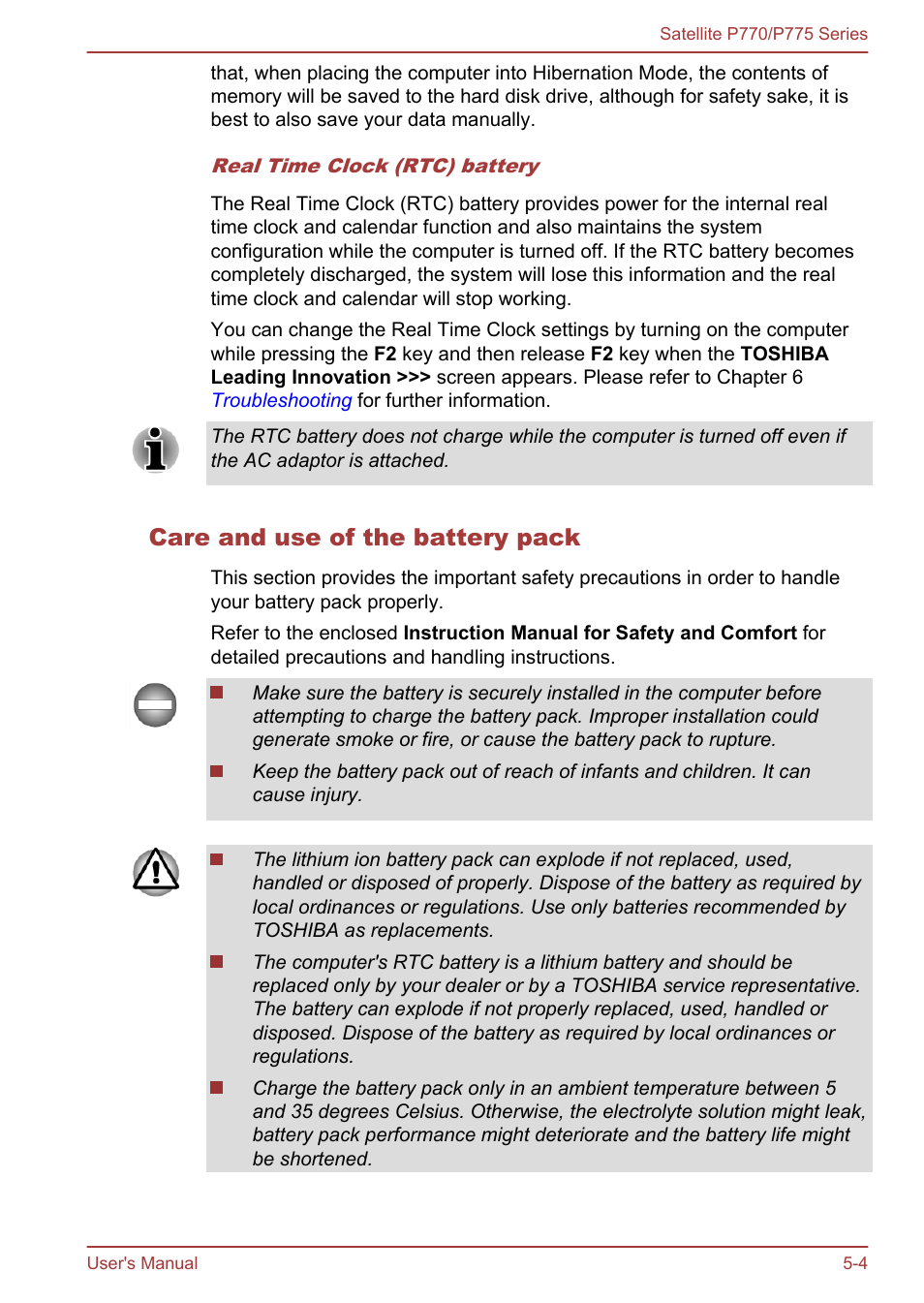 Care and use of the battery pack | Toshiba Satellite P775 User Manual | Page 133 / 179