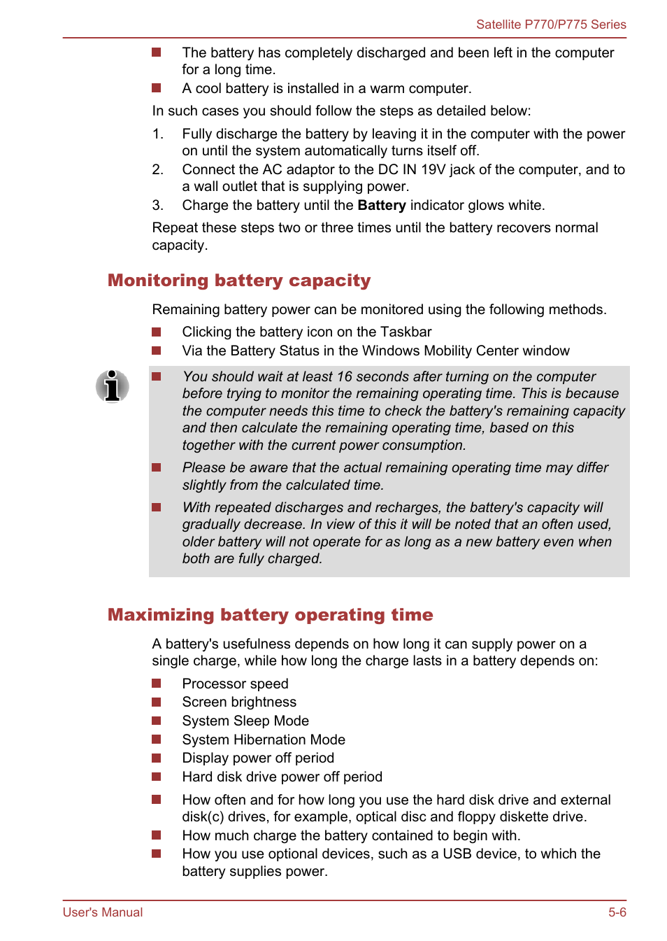 Monitoring battery capacity, Maximizing battery operating time | Toshiba Satellite P775 User Manual | Page 135 / 179