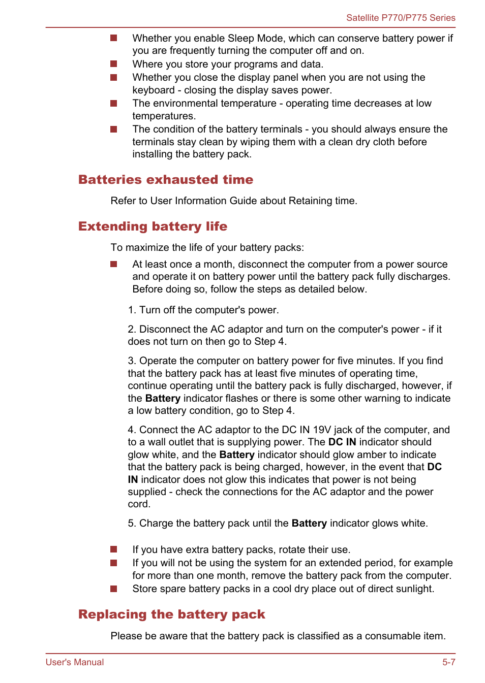 Batteries exhausted time, Extending battery life, Replacing the battery pack | Section in | Toshiba Satellite P775 User Manual | Page 136 / 179