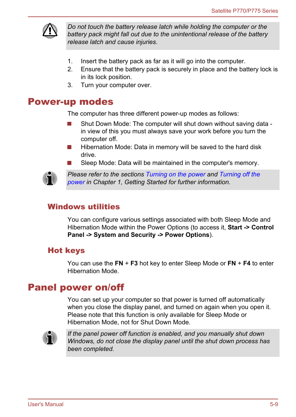 Power-up modes, Windows utilities, Hot keys | Panel power on/off, Power-up modes -9 panel power on/off -9 | Toshiba Satellite P775 User Manual | Page 138 / 179