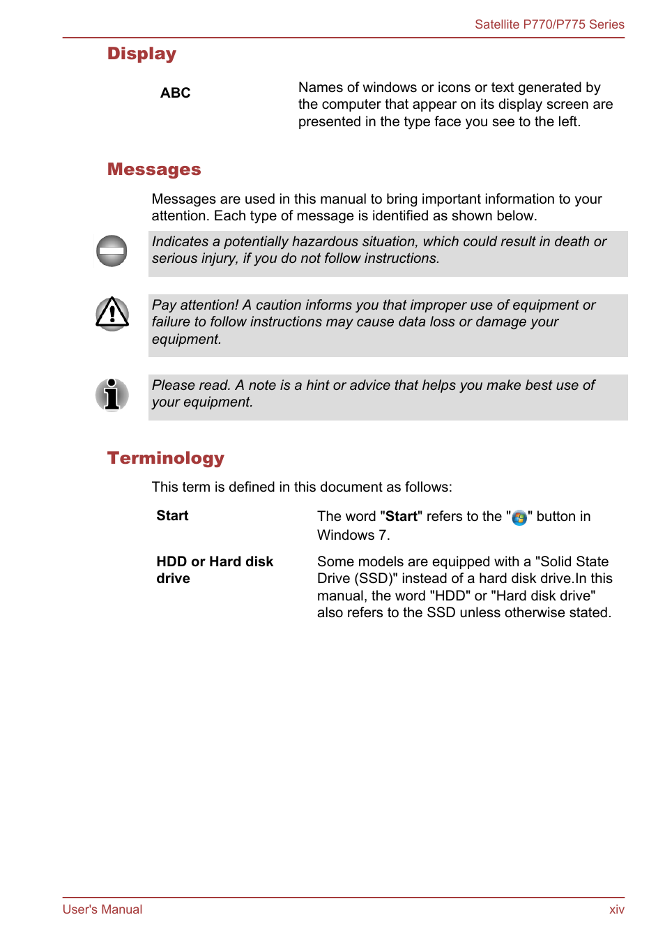 Display, Messages, Terminology | Toshiba Satellite P775 User Manual | Page 14 / 179