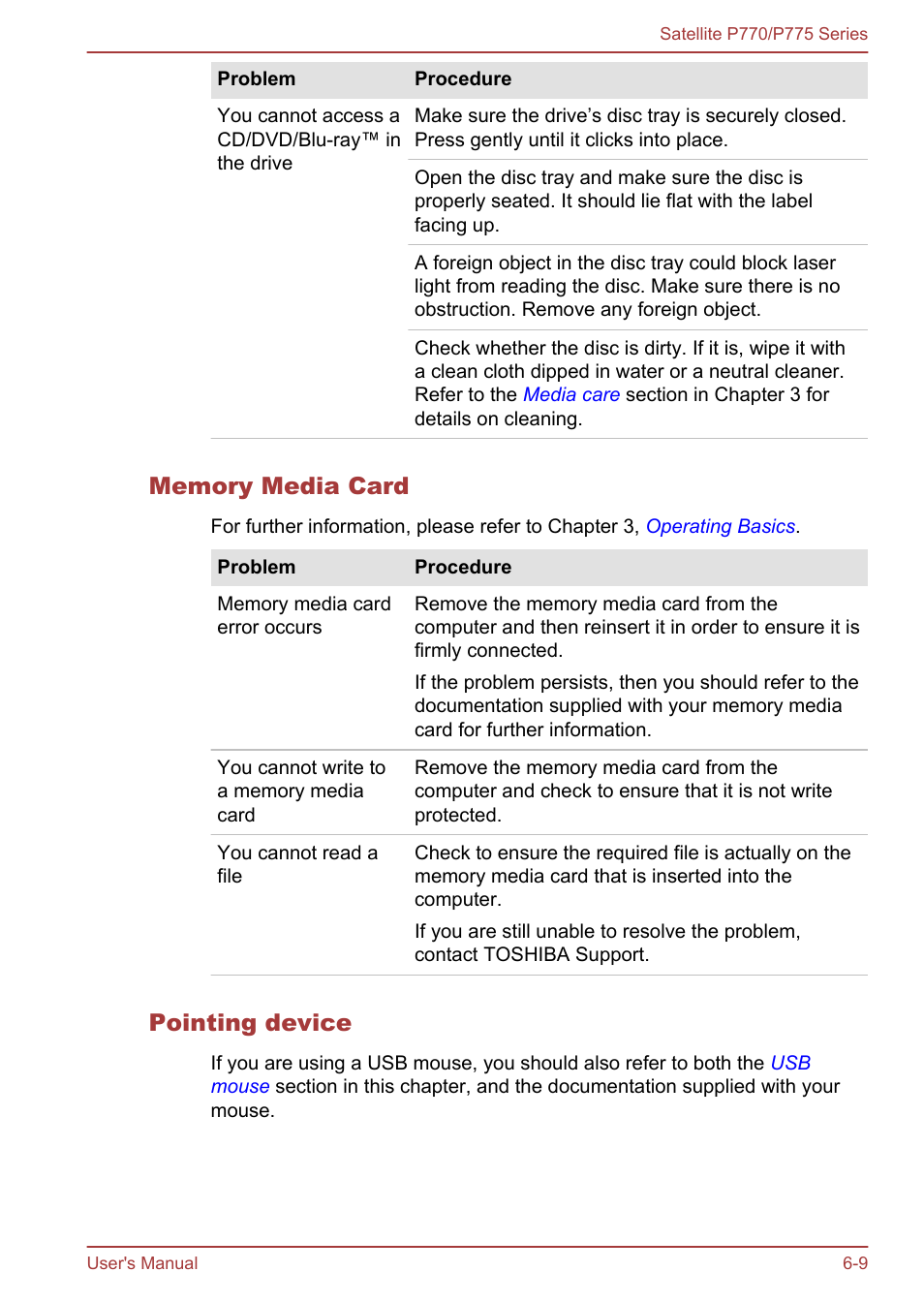 Memory media card, Pointing device | Toshiba Satellite P775 User Manual | Page 148 / 179