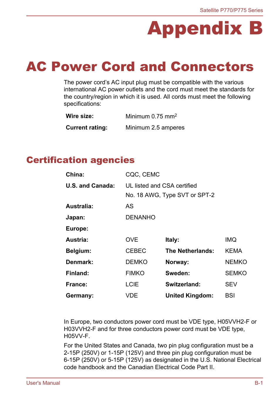 Appendix b ac power cord and connectors, Certification agencies, Appendix b | Ac power cord and connectors | Toshiba Satellite P775 User Manual | Page 159 / 179