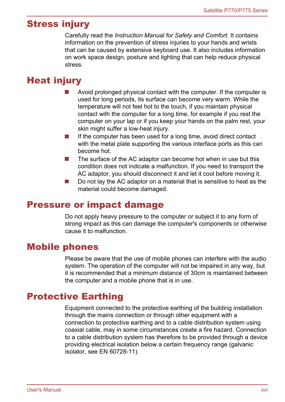 Stress injury, Heat injury, Pressure or impact damage | Mobile phones, Protective earthing | Toshiba Satellite P775 User Manual | Page 16 / 179