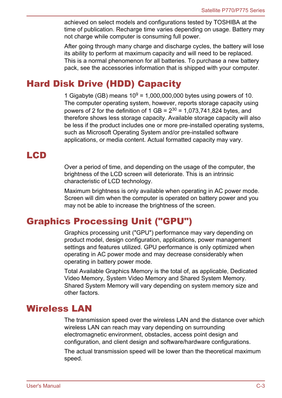 Hard disk drive (hdd) capacity, Graphics processing unit ("gpu"), Wireless lan | Toshiba Satellite P775 User Manual | Page 163 / 179