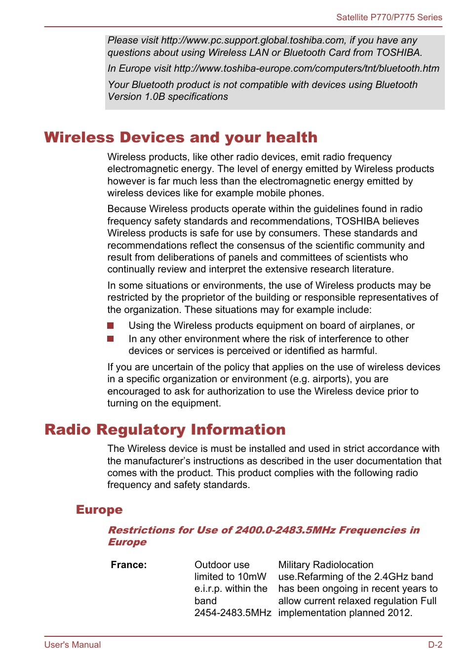 Wireless devices and your health, Radio regulatory information, Europe | Toshiba Satellite P775 User Manual | Page 166 / 179