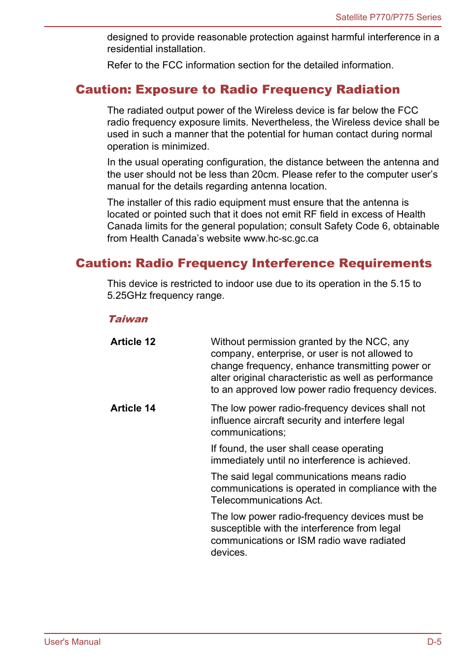 Caution: exposure to radio frequency radiation, Caution: radio frequency interference requirements | Toshiba Satellite P775 User Manual | Page 169 / 179