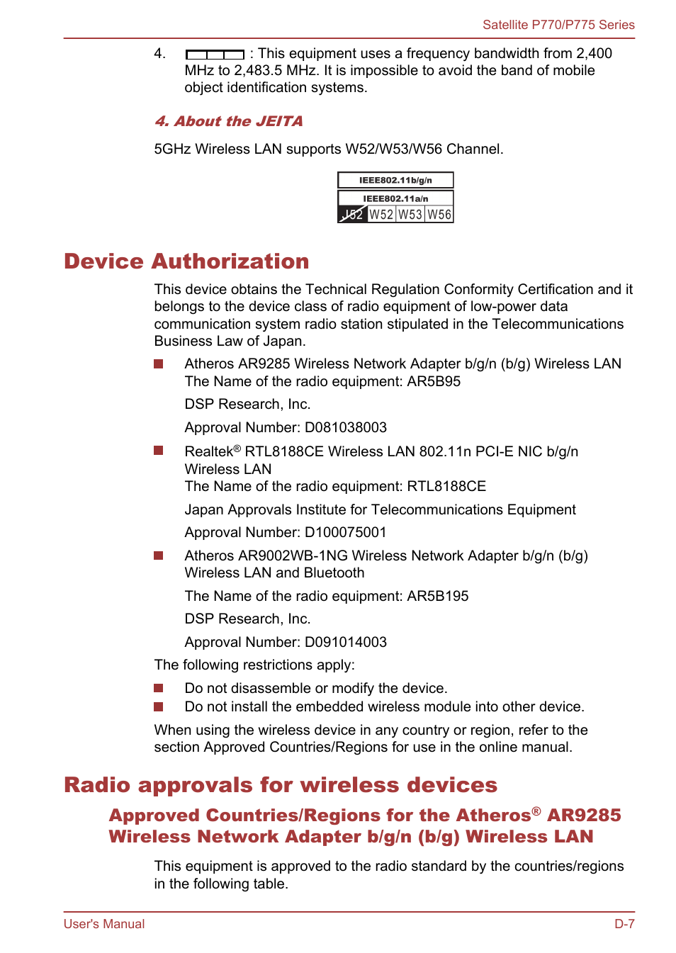 Device authorization, Radio approvals for wireless devices | Toshiba Satellite P775 User Manual | Page 171 / 179