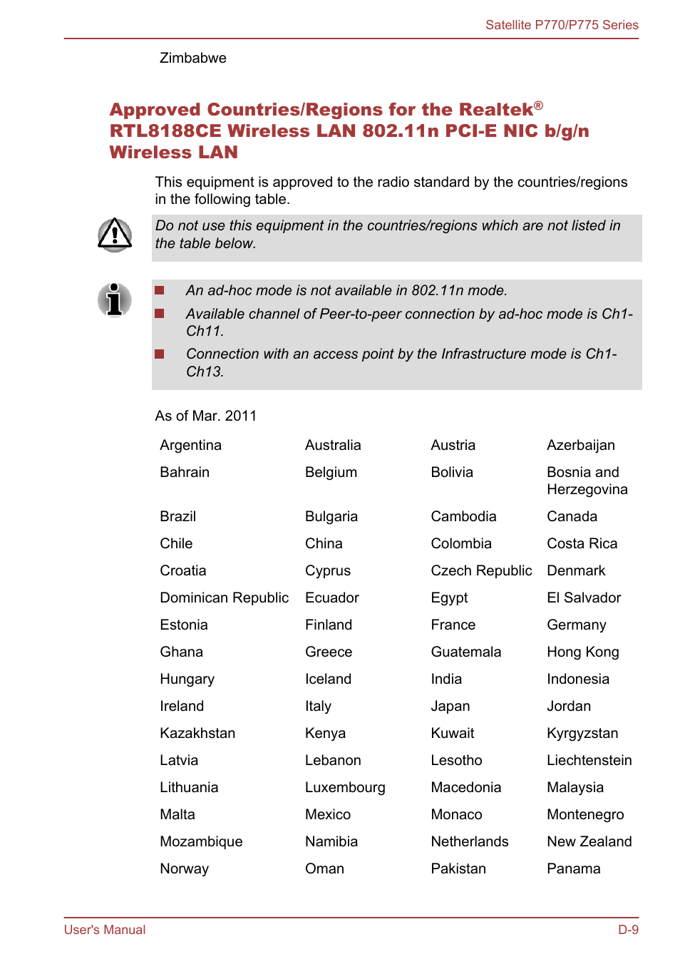 Approved countries/regions for the realtek | Toshiba Satellite P775 User Manual | Page 173 / 179