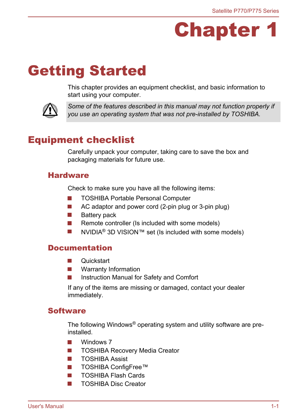 Chapter 1 getting started, Equipment checklist, Hardware | Documentation, Software, Chapter 1, Getting started, Equipment checklist -1 | Toshiba Satellite P775 User Manual | Page 18 / 179