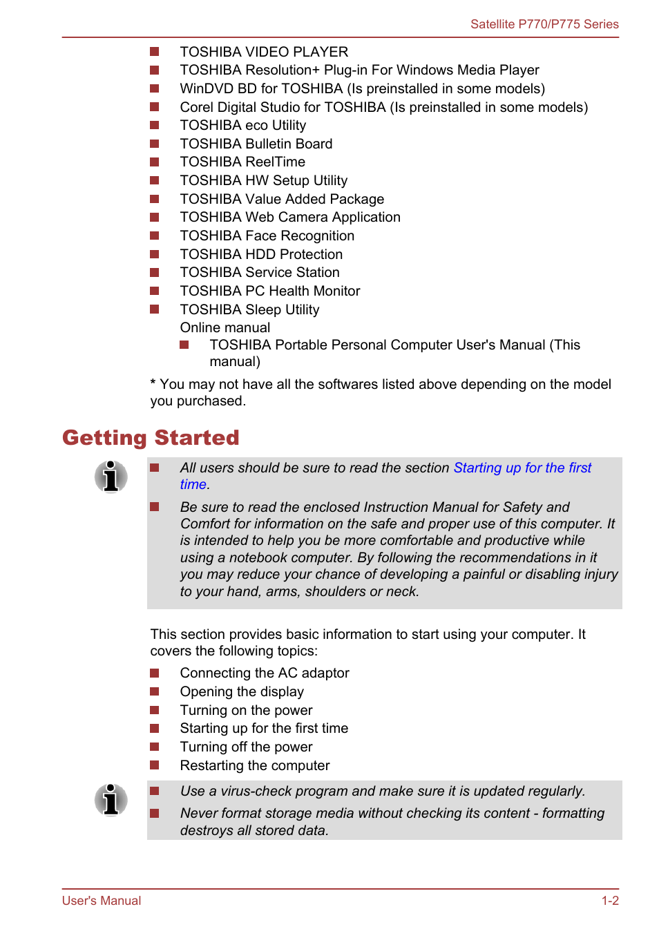 Getting started, Getting started -2 | Toshiba Satellite P775 User Manual | Page 19 / 179