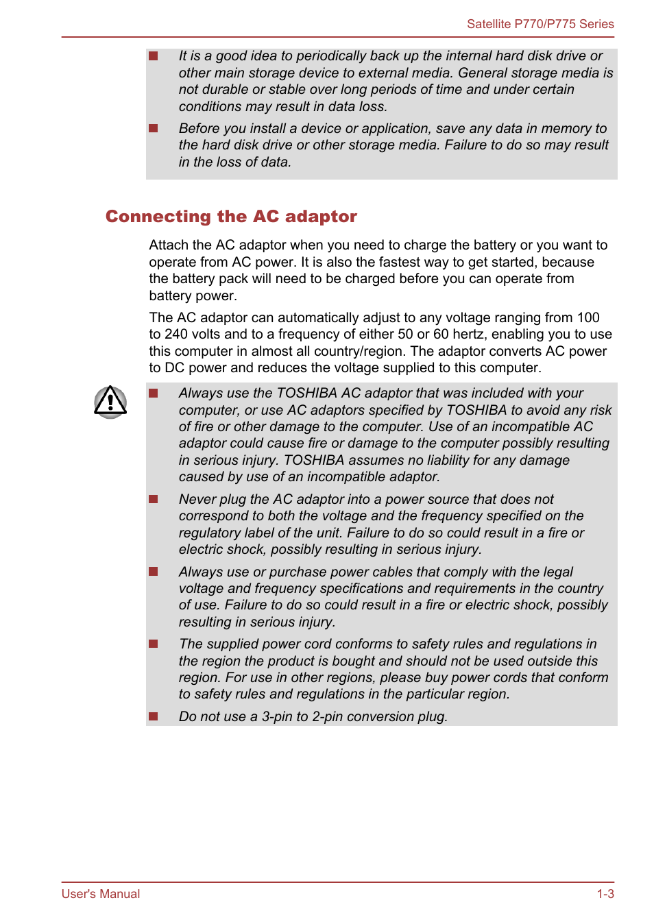 Connecting the ac adaptor | Toshiba Satellite P775 User Manual | Page 20 / 179