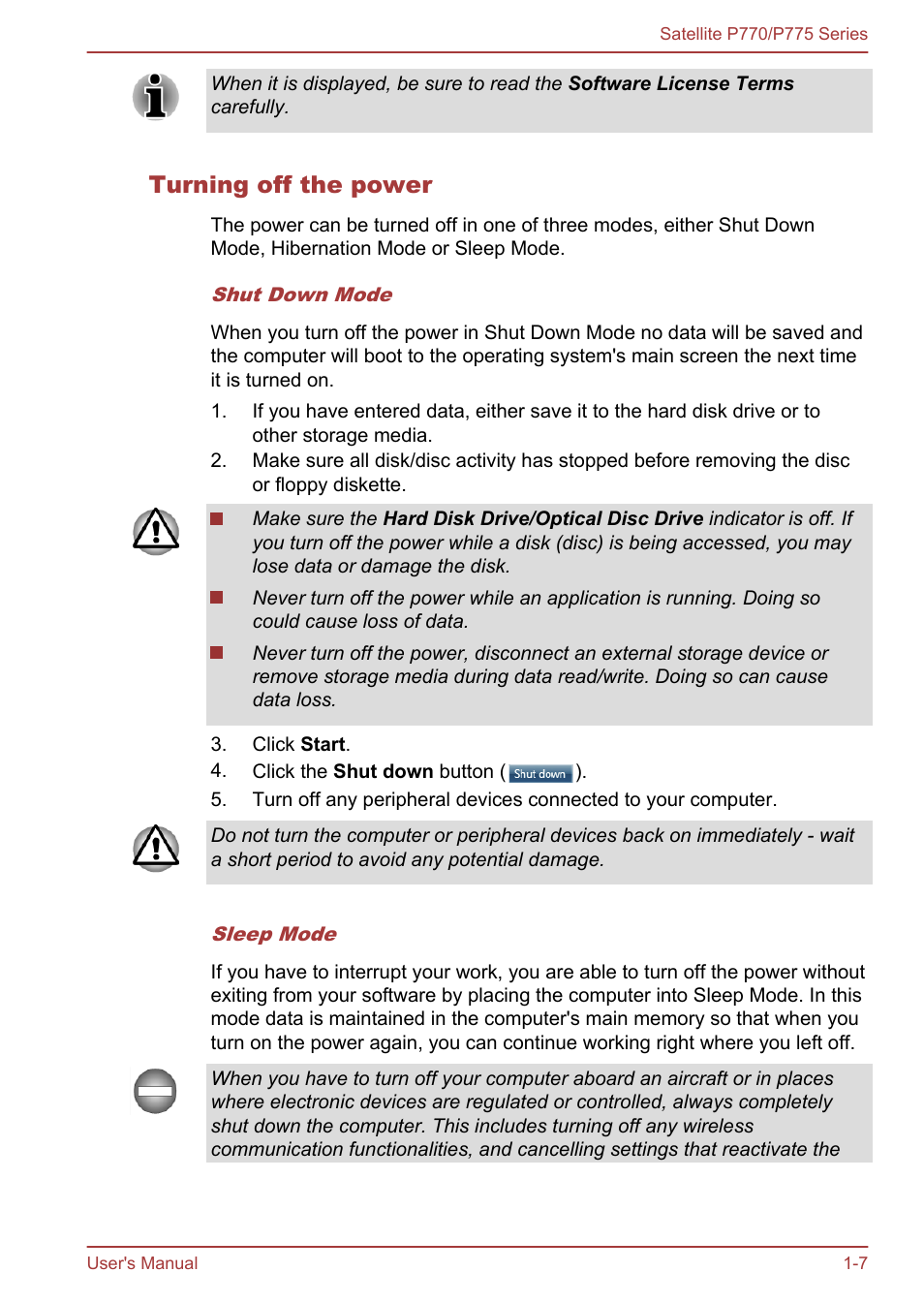 Turning off the power | Toshiba Satellite P775 User Manual | Page 24 / 179