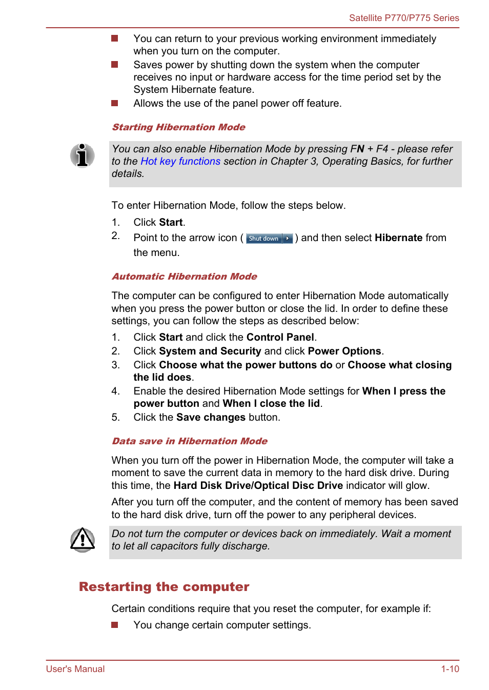 Restarting the computer | Toshiba Satellite P775 User Manual | Page 27 / 179