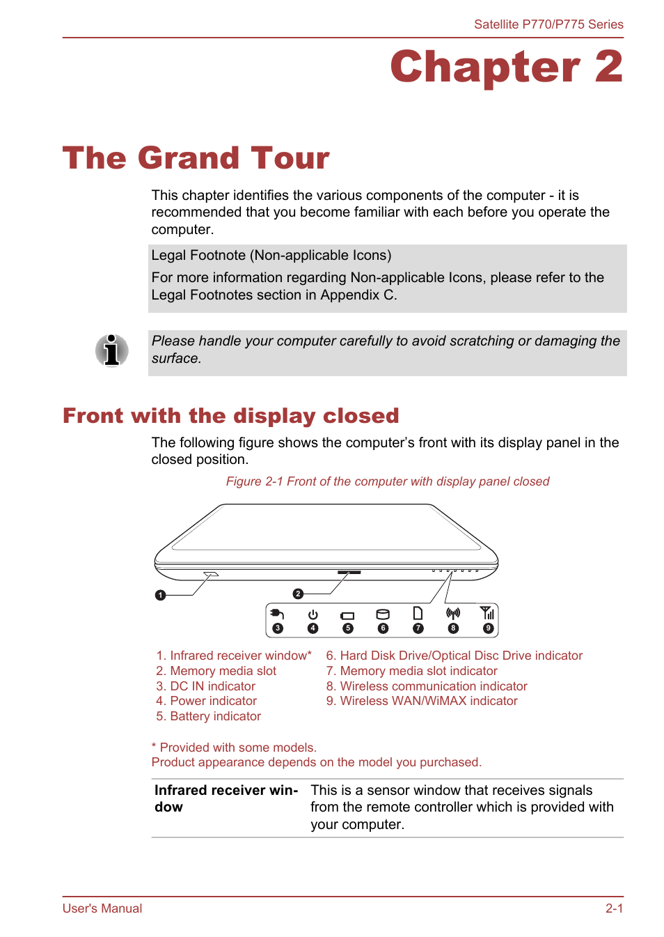 Chapter 2 the grand tour, Front with the display closed, Chapter 2 | The grand tour, Front with the display closed -1 | Toshiba Satellite P775 User Manual | Page 29 / 179