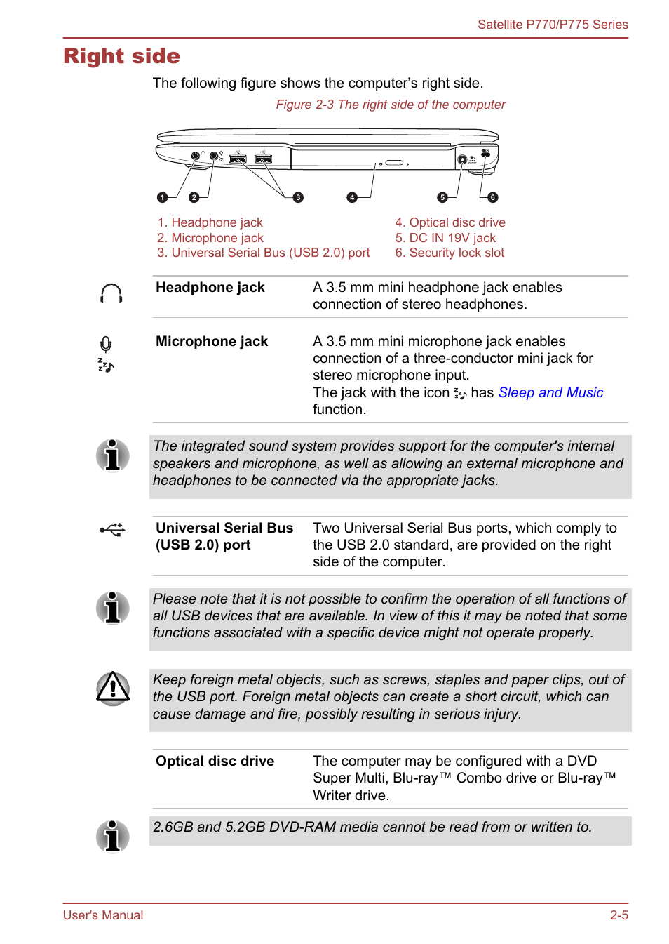 Right side, Right side -5 | Toshiba Satellite P775 User Manual | Page 33 / 179