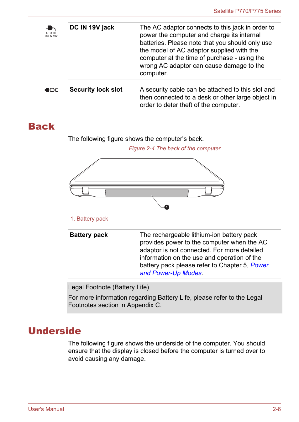 Back, Underside, Back -6 underside -6 | Toshiba Satellite P775 User Manual | Page 34 / 179