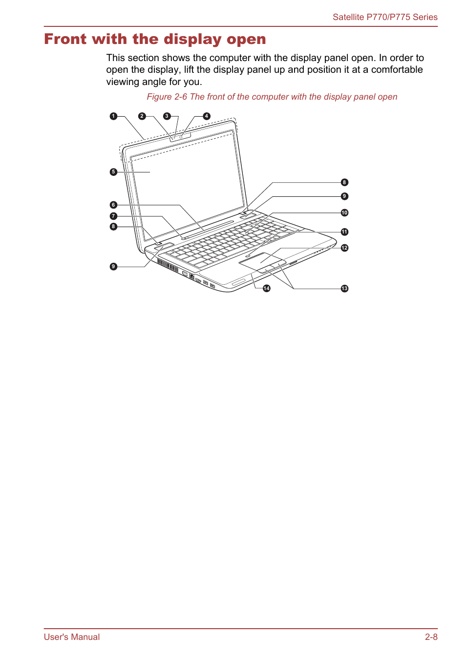 Front with the display open, Front with the display open -8 | Toshiba Satellite P775 User Manual | Page 36 / 179