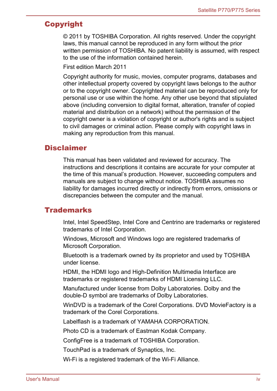 Toshiba Satellite P775 User Manual | Page 4 / 179