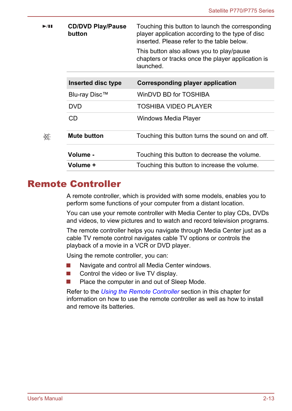 Remote controller, Remote controller -13 | Toshiba Satellite P775 User Manual | Page 41 / 179